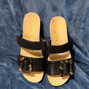 Sam Edelman Black Leather Double Strap Slide Sandals with Tortoise Buckles